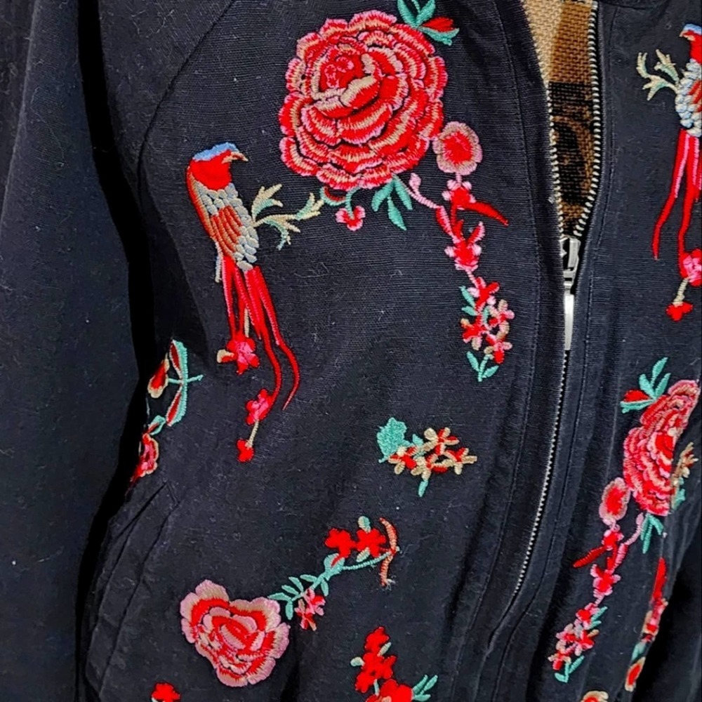 New York & company vintage embroidered floral pheasant bird bomber jacket size L - Picture 3 of 9